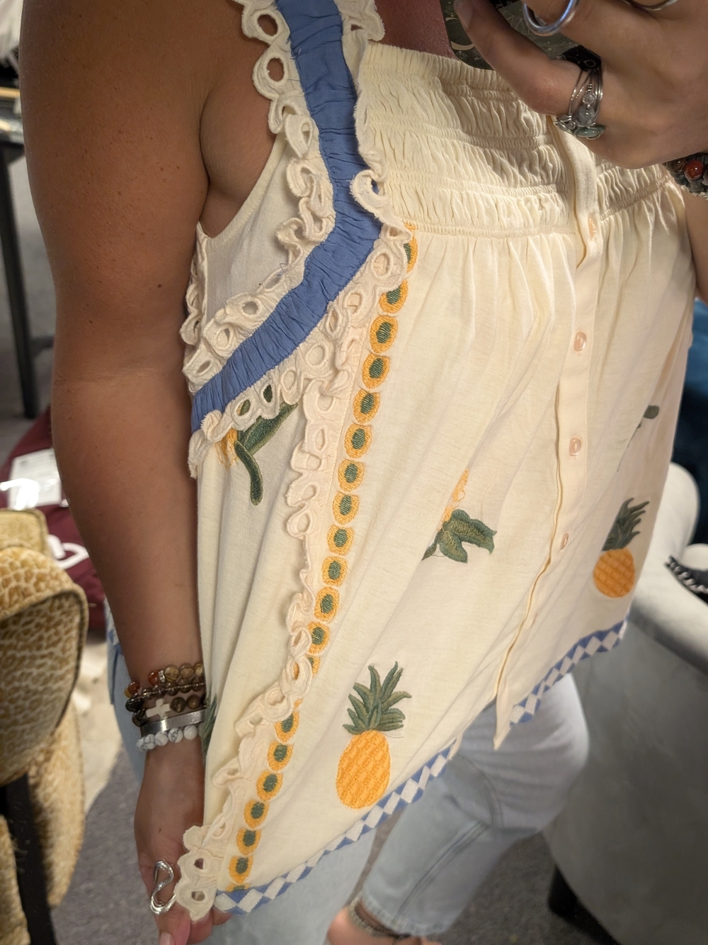 Cream Embroidered Pineapple Button-Front Tank Top with Blue Trim - Picture 10 of 11